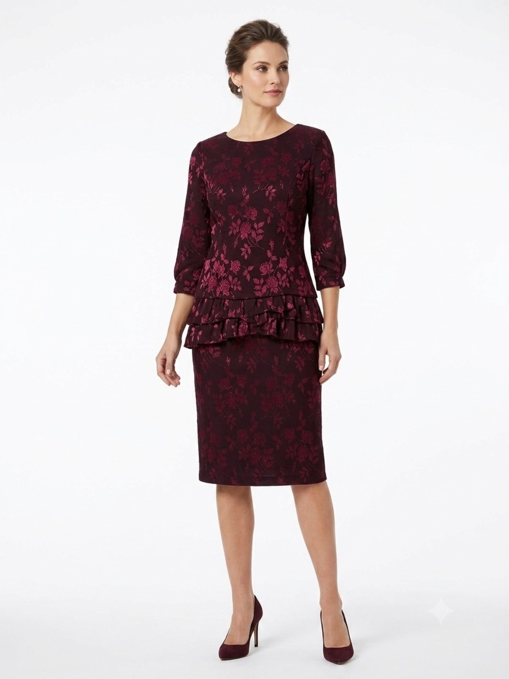 Maggy London Red and Black Floral Embellished Dress Set